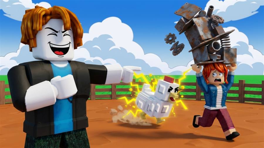 A Roblox player sends a charged-up white chicken running across the farm while another player carries scrap