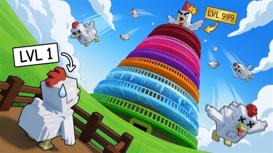 A level 1 chicken looks up at a rainbow tower with a level 999 crowned chicken on top