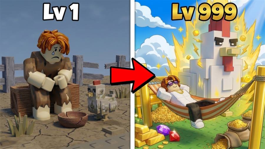 Split image: a poor level 1 farmer with a scrawny chicken versus a rich level 999 player relaxing under a golden chicken